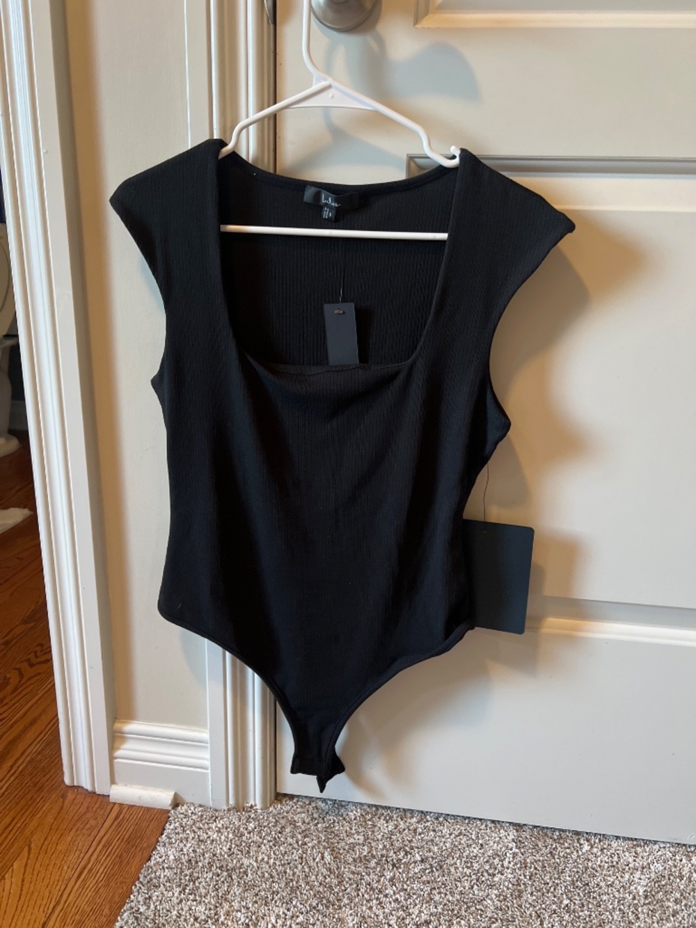 Lulus Sweet Crush Black Ribbed Square Neck Bodysuit - Size L - Picture 2 of 2